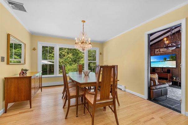 Chandelier, Dining room, Interior, Wood Texture Flooring