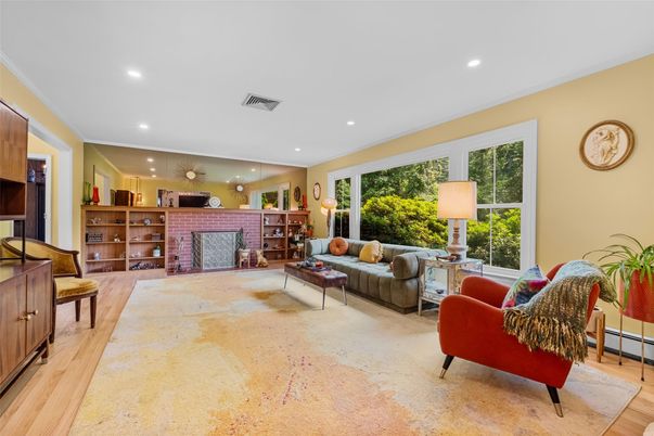 Fireplace, Interior, Living room, Recessed Lighting, Wood Texture Flooring