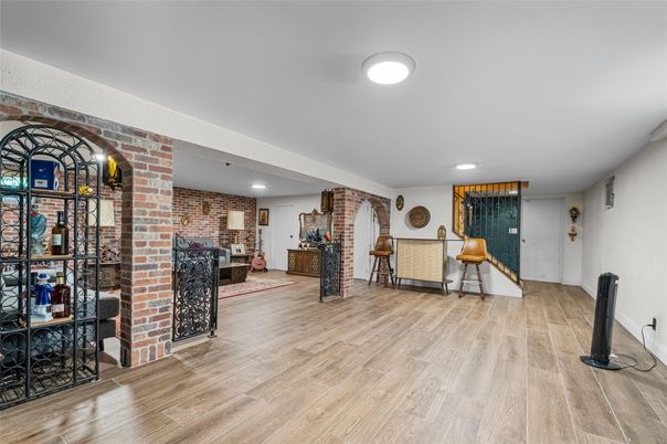 Interior, Recessed Lighting, Stone Walls, Wine Storage, Wood Texture Flooring