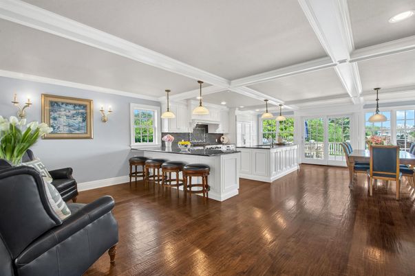 Dining room, Interior, Kitchen, Pendant Lights, Recessed Lighting, Wood Texture Flooring