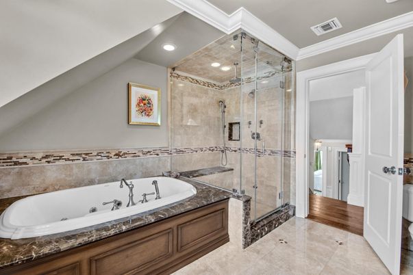Bathroom, Dual Sink Vanities, Glass Shower, Interior, Recessed Lighting, Wood Texture Flooring