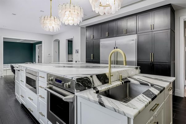 Chandelier, Interior, Kitchen, Recessed Lighting, Stainless Steel Appliances, Wood Texture Flooring