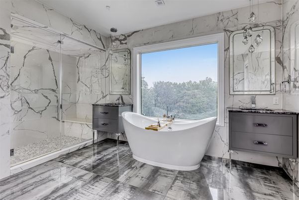 Bathroom, Free Standing Baths, Glass Shower, Interior, Marble, Marble Walls