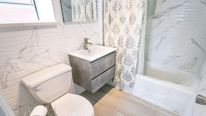 Bathroom, Interior, Marble Walls, Wood Texture Flooring