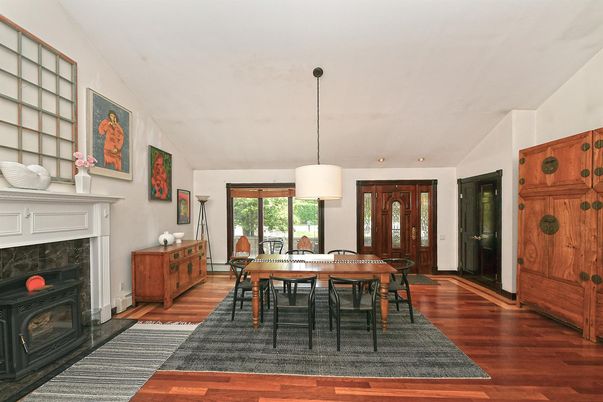 Dining room, Fireplace, Interior, Pendant Lights, Recessed Lighting, Wood Texture Flooring