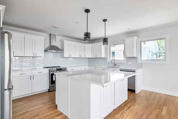 Interior, Kitchen, Pendant Lights, Recessed Lighting, Stainless Steel Appliances, Wood Texture Flooring