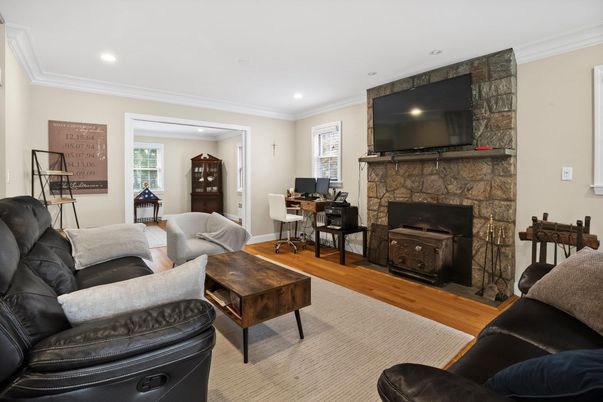 Fireplace, Home Office, Interior, Living room, Recessed Lighting, Wood Texture Flooring