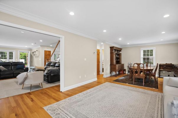 Dining room, Interior, Living room, Recessed Lighting, Wood Texture Flooring