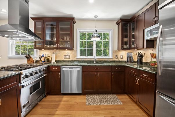 Interior, Kitchen, Pendant Lights, Recessed Lighting, Stainless Steel Appliances, Wood Texture Flooring