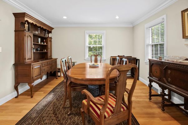 Dining room, Interior, Recessed Lighting, Wood Texture Flooring
