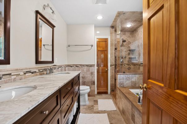Bathroom, Dual Sink Vanities, Glass Shower, Interior, Recessed Lighting