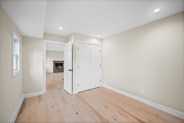 Empty room, Fireplace, Interior, Recessed Lighting, Wood Texture Flooring