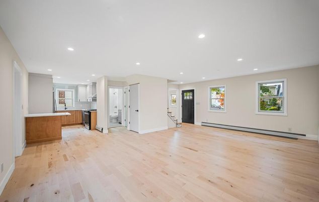 Empty room, Interior, Kitchen, Recessed Lighting, Wood Texture Flooring