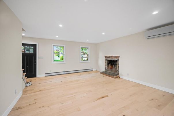 Empty room, Fireplace, Interior, Recessed Lighting, Wood Texture Flooring
