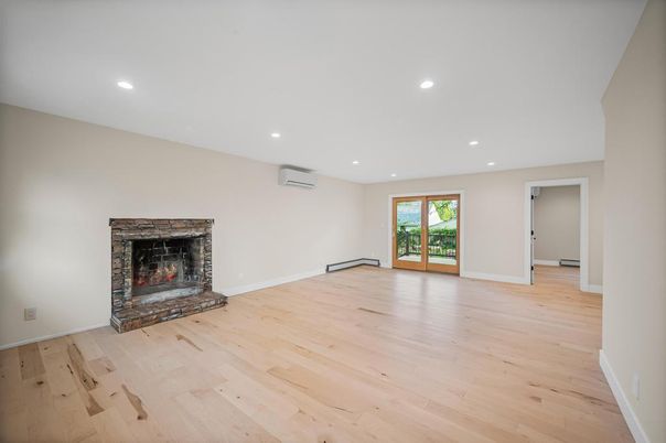Empty room, Fireplace, Interior, Recessed Lighting, Wood Texture Flooring