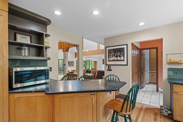 Dining room, Interior, Kitchen, Recessed Lighting, Wood Texture Flooring