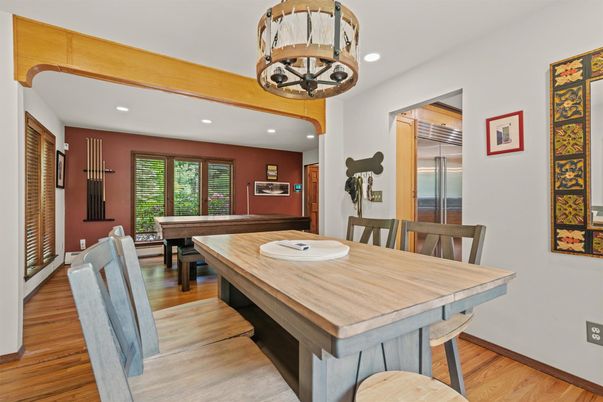 Dining room, Interior, Recessed Lighting, Wood Texture Flooring