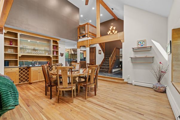 Dining room, Interior, Recessed Lighting, Wooden Beams, Wood Texture Flooring