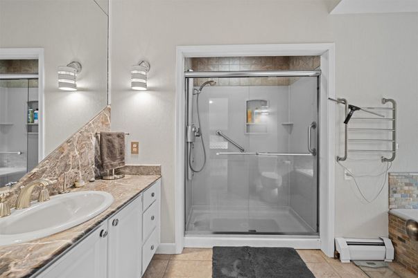 Bathroom, Dual Sink Vanities, Glass Shower, Interior, Tile Countertops