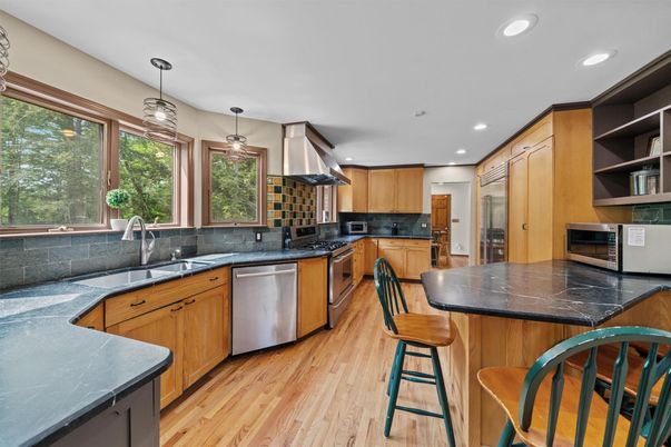 Interior, Kitchen, Pendant Lights, Recessed Lighting, Wood Texture Flooring