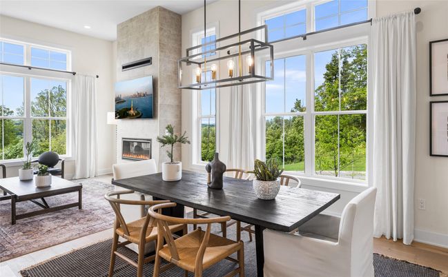 Dining room, Fireplace, Interior, Pendant Lights, Recessed Lighting, Wood Texture Flooring