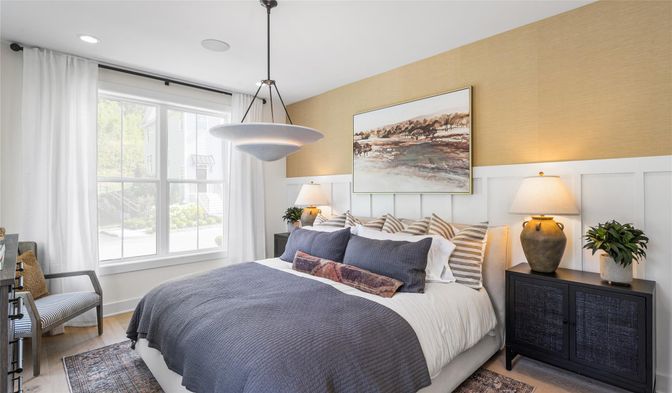 Bedroom, Interior, Pendant Lights, Recessed Lighting, Wood Texture Flooring