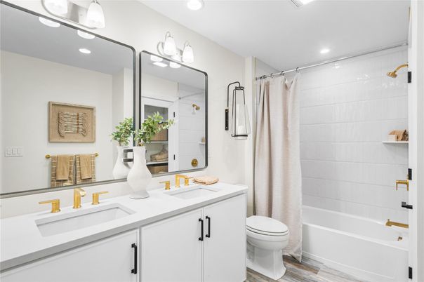 Bathroom, Dual Sink Vanities, Interior, Recessed Lighting, Wood Texture Flooring