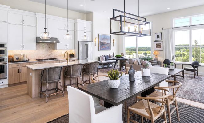Dining room, Interior, Kitchen, Living room, Pendant Lights, Recessed Lighting, Stainless Steel Appliances, Wood Texture Flooring