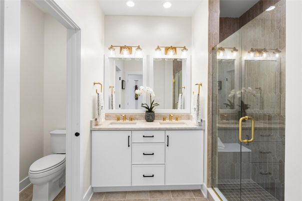 Bathroom, Dual Sink Vanities, Glass Shower, Interior, Recessed Lighting