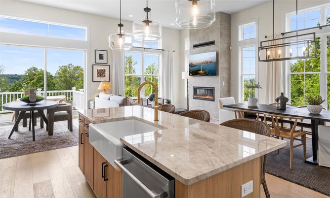 Dining room, Fireplace, Interior, Kitchen, Pendant Lights, Recessed Lighting, Wood Texture Flooring