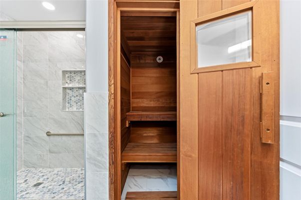 Bathroom, Glass Shower, Interior, Marble, Marble Walls, Recessed Lighting, Sauna Room