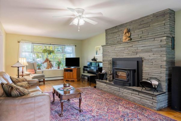 Fireplace, Interior, Living room, Piano, Stone Walls, Wood Texture Flooring