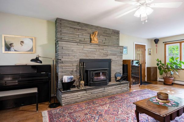 Fireplace, Interior, Piano, Stone Walls, Wood Texture Flooring