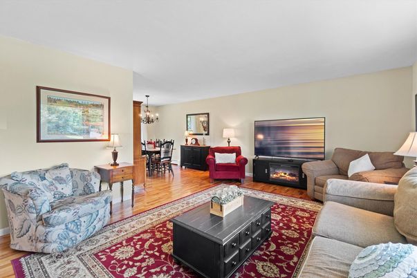 Chandelier, Dining room, Fireplace, Interior, Living room, Wood Texture Flooring