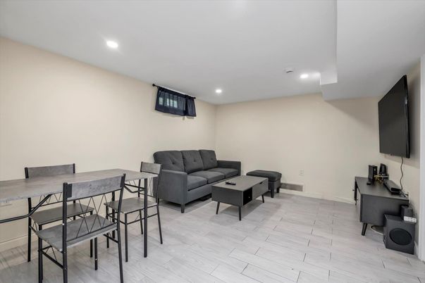 Dining room, Interior, Living room, Recessed Lighting, Wood Texture Flooring
