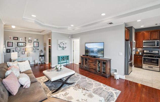Interior, Kitchen, Living room, Recessed Lighting, Stainless Steel Appliances, Wood Texture Flooring