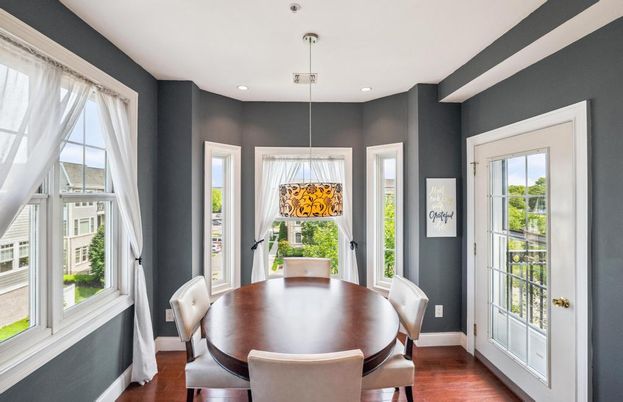 Dining room, Interior, Pendant Lights, Recessed Lighting, Wood Texture Flooring
