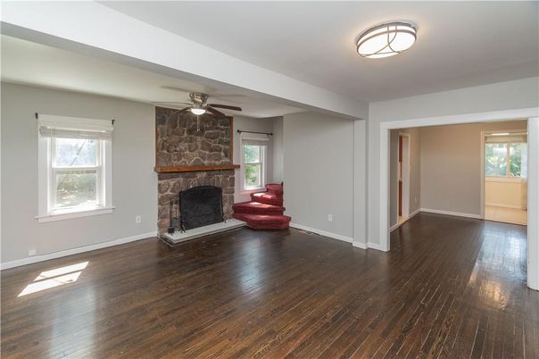 Empty room, Fireplace, Interior, Stone Walls, Wood Texture Flooring