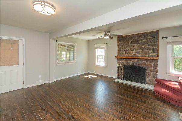Empty room, Fireplace, Interior, Stone Walls, Wood Texture Flooring
