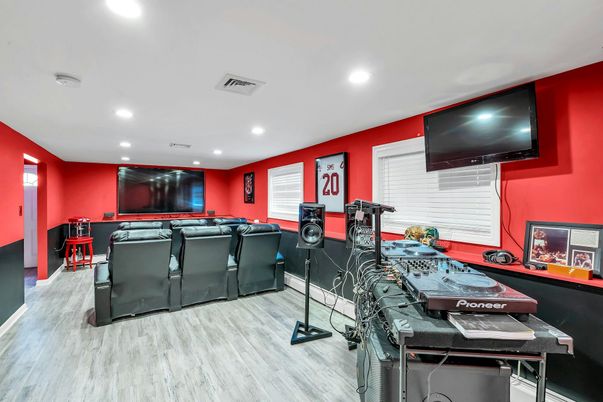 Home Theatre Room, Interior, Recessed Lighting, Theatre Room, Wood Texture Flooring