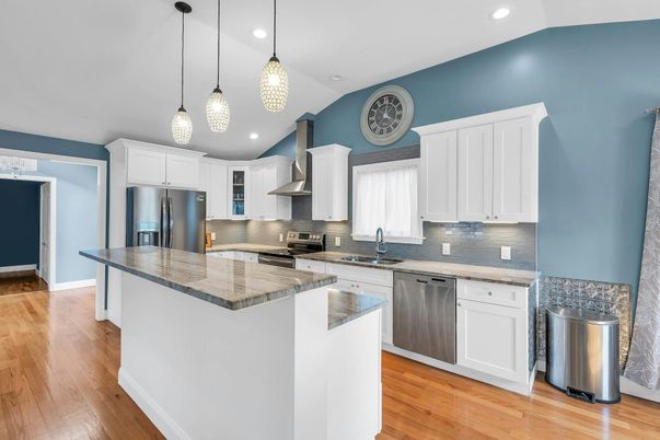 Interior, Kitchen, Pendant Lights, Recessed Lighting, Stainless Steel Appliances, Wood Texture Flooring