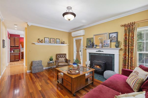 Fireplace, Interior, Living room, Recessed Lighting, Wood Texture Flooring
