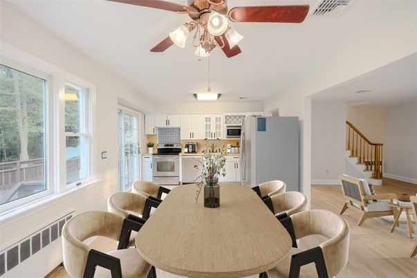 Dining room, Interior, Kitchen, Stainless Steel Appliances, Wood Texture Flooring