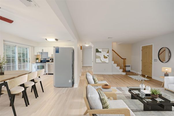 Dining room, Interior, Kitchen, Living room, Stainless Steel Appliances, Wood Texture Flooring