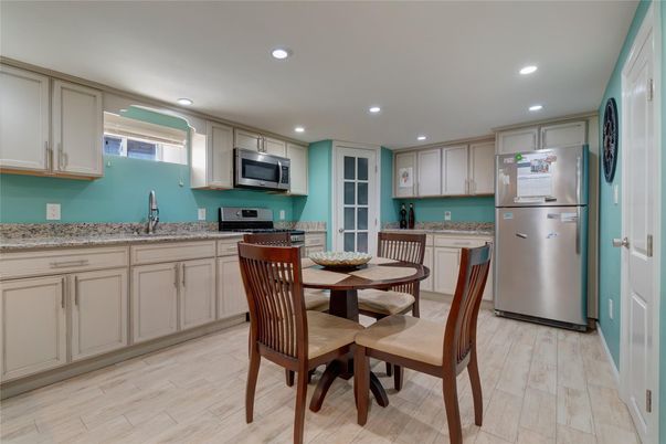 Dining room, Interior, Kitchen, Recessed Lighting, Wood Texture Flooring