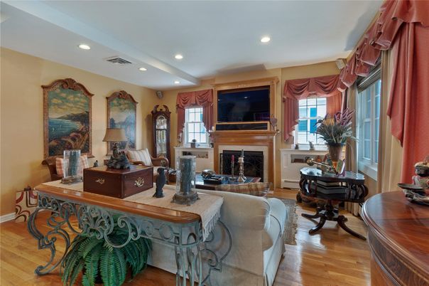 Fireplace, Home Office, Interior, Living room, Recessed Lighting, Wood Texture Flooring