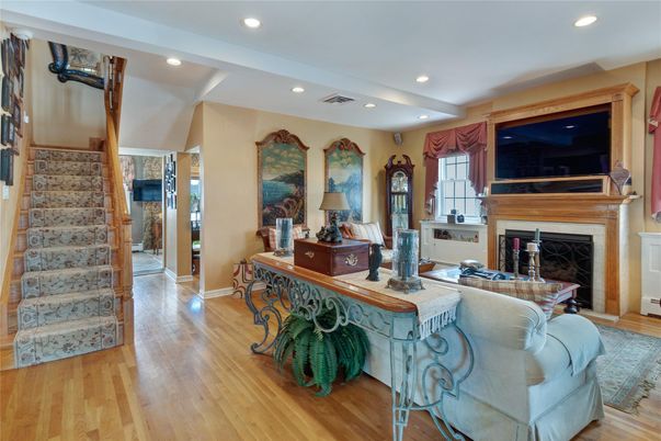 Fireplace, Interior, Living room, Recessed Lighting, Wood Texture Flooring