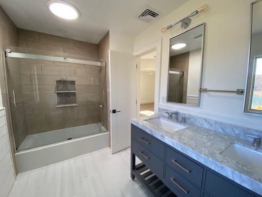 Bathroom, Dual Sink Vanities, Glass Shower, Interior, Recessed Lighting