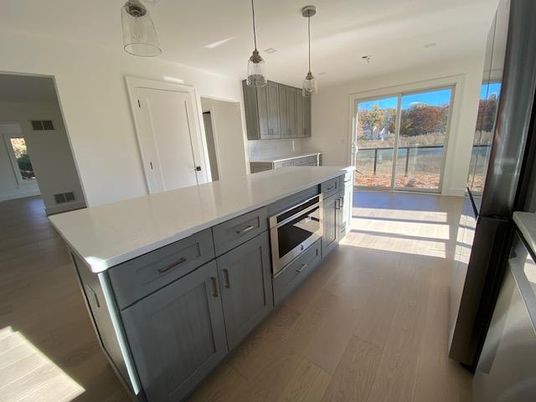 Interior, Kitchen, Pendant Lights, Stainless Steel Appliances, Wood Texture Flooring