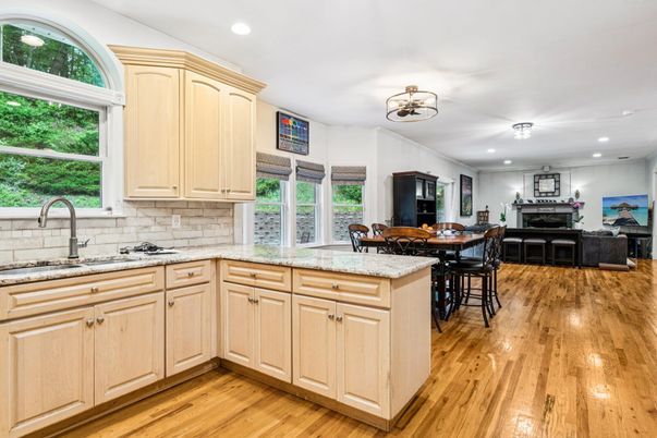 Dining room, Fireplace, Interior, Kitchen, Living room, Recessed Lighting, Wood Texture Flooring
